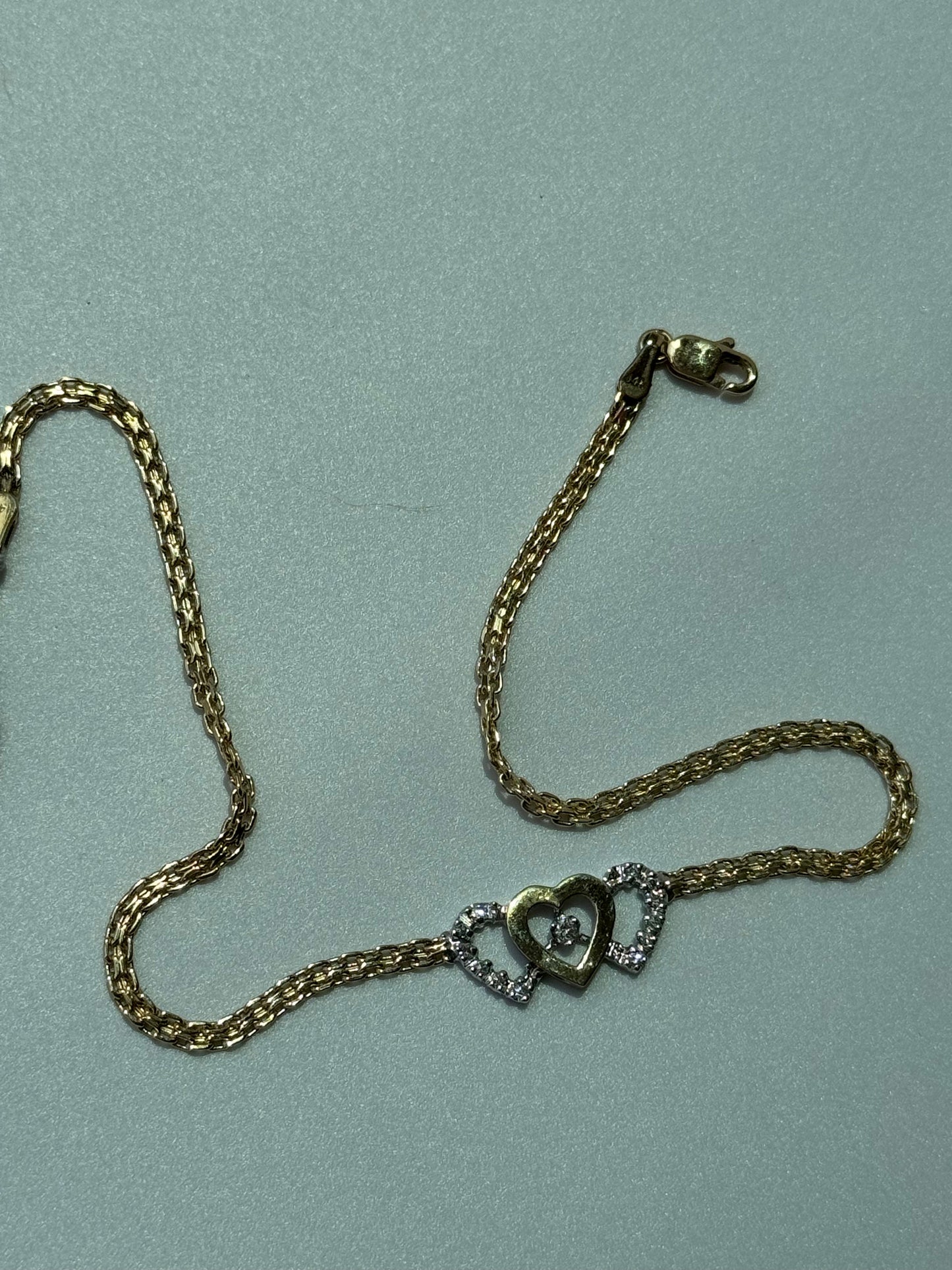 Vintage Estate Deadstock Trio Three Heart Anklet in 14k Gold and Diamonds