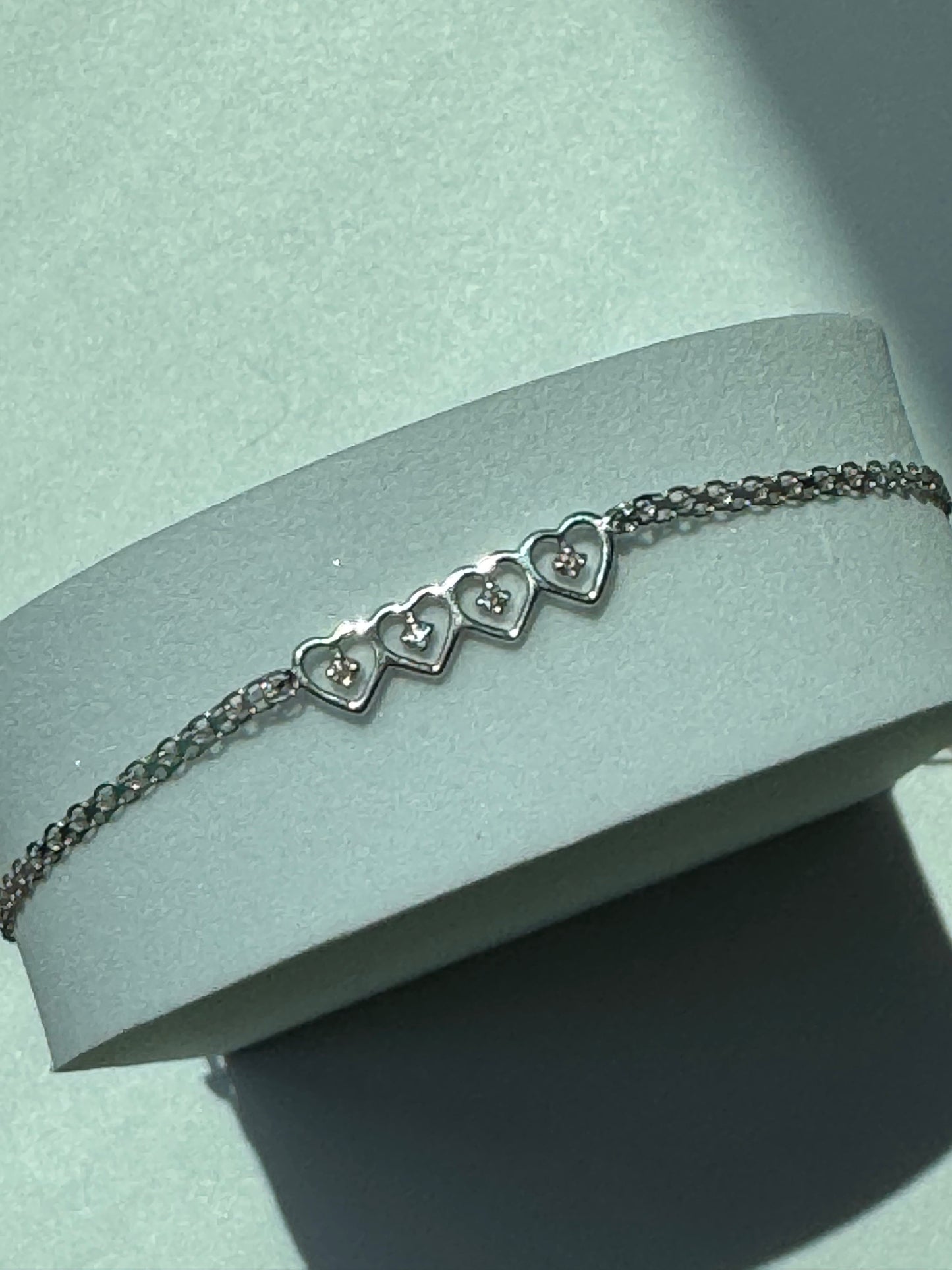 Vintage Estate Deadstock White Gold Four Tiby Hearts Anklet in 14k and Diamonds