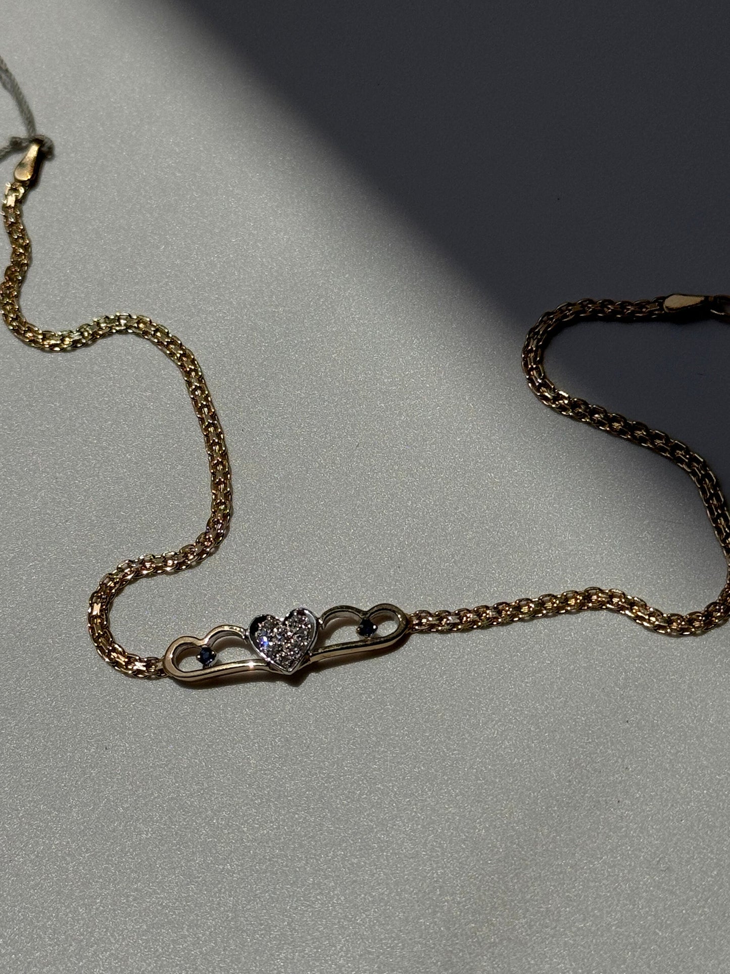 Vintage 1990’s Heart Anklet 14k Sapphire and Diamonds New Old Stock