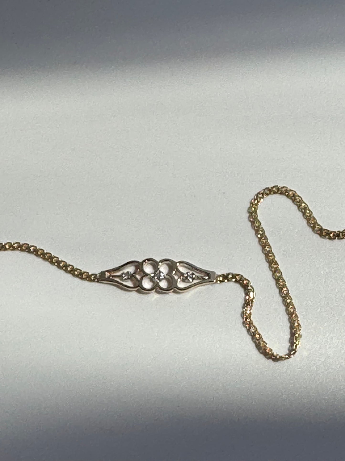Vintage 1990 Delicate Four Leaf Clover and Hearts Anklet in 14k and Diamond Deadstock