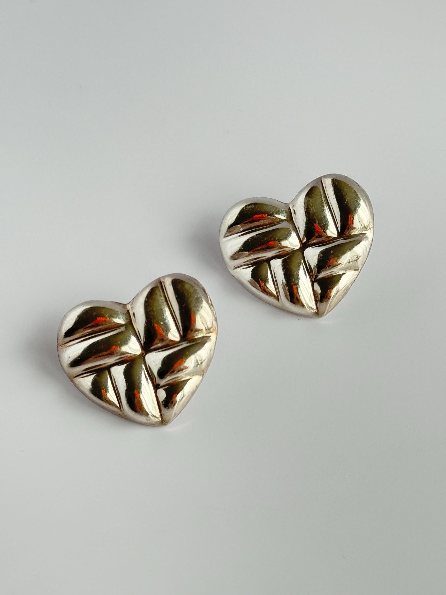 Vintage Estate Sterling Silver Puffy Heart Stud Earrings Mexico Signed