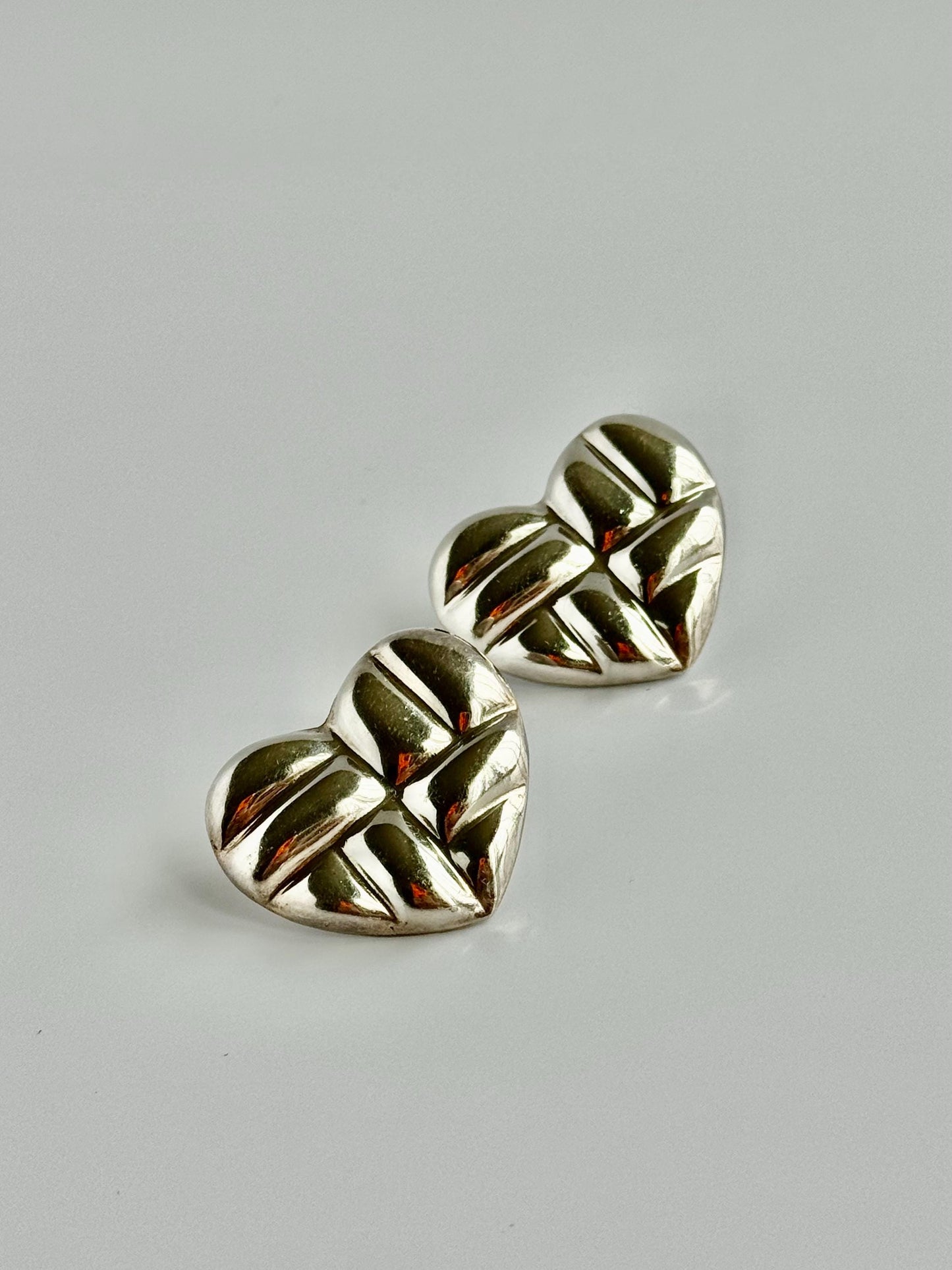 Vintage Estate Sterling Silver Puffy Heart Stud Earrings Mexico Signed