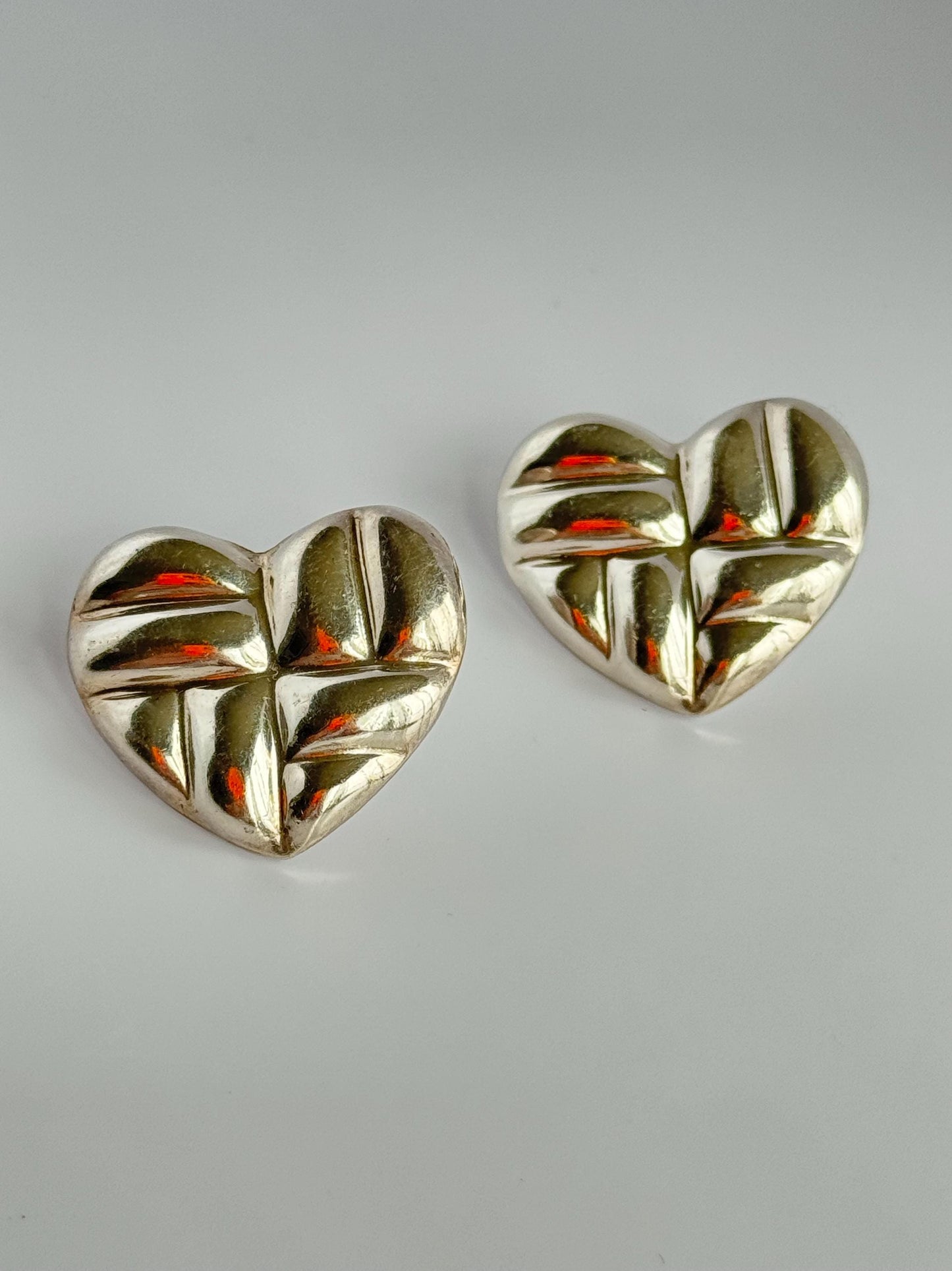 Vintage Estate Sterling Silver Puffy Heart Stud Earrings Mexico Signed