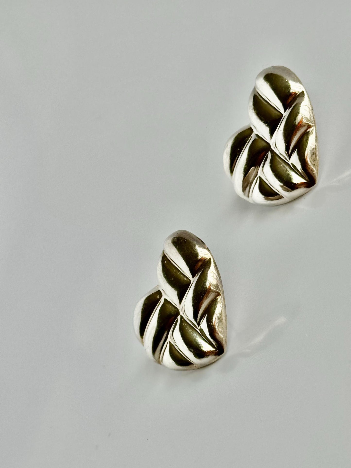 Vintage Estate Sterling Silver Puffy Heart Stud Earrings Mexico Signed