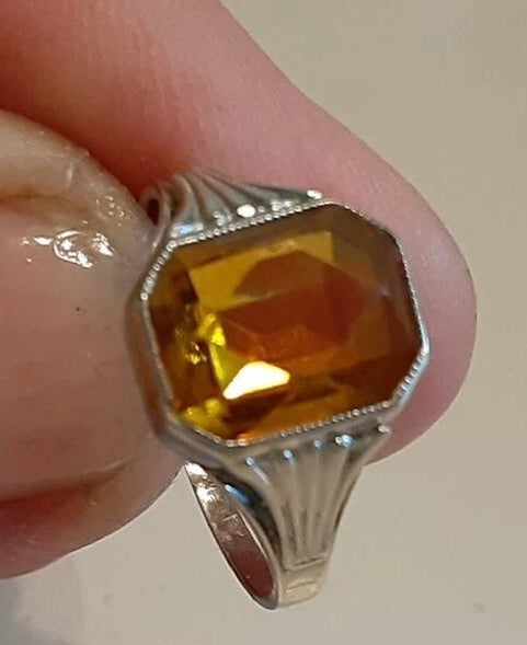 Estate 10K White Gold Citrine Ring - Art Deco Style Octagonal Cut