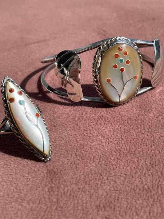 Vintage 1960’s Native American Sterling Silver Inlay Cuff Bracelet and Ring Set