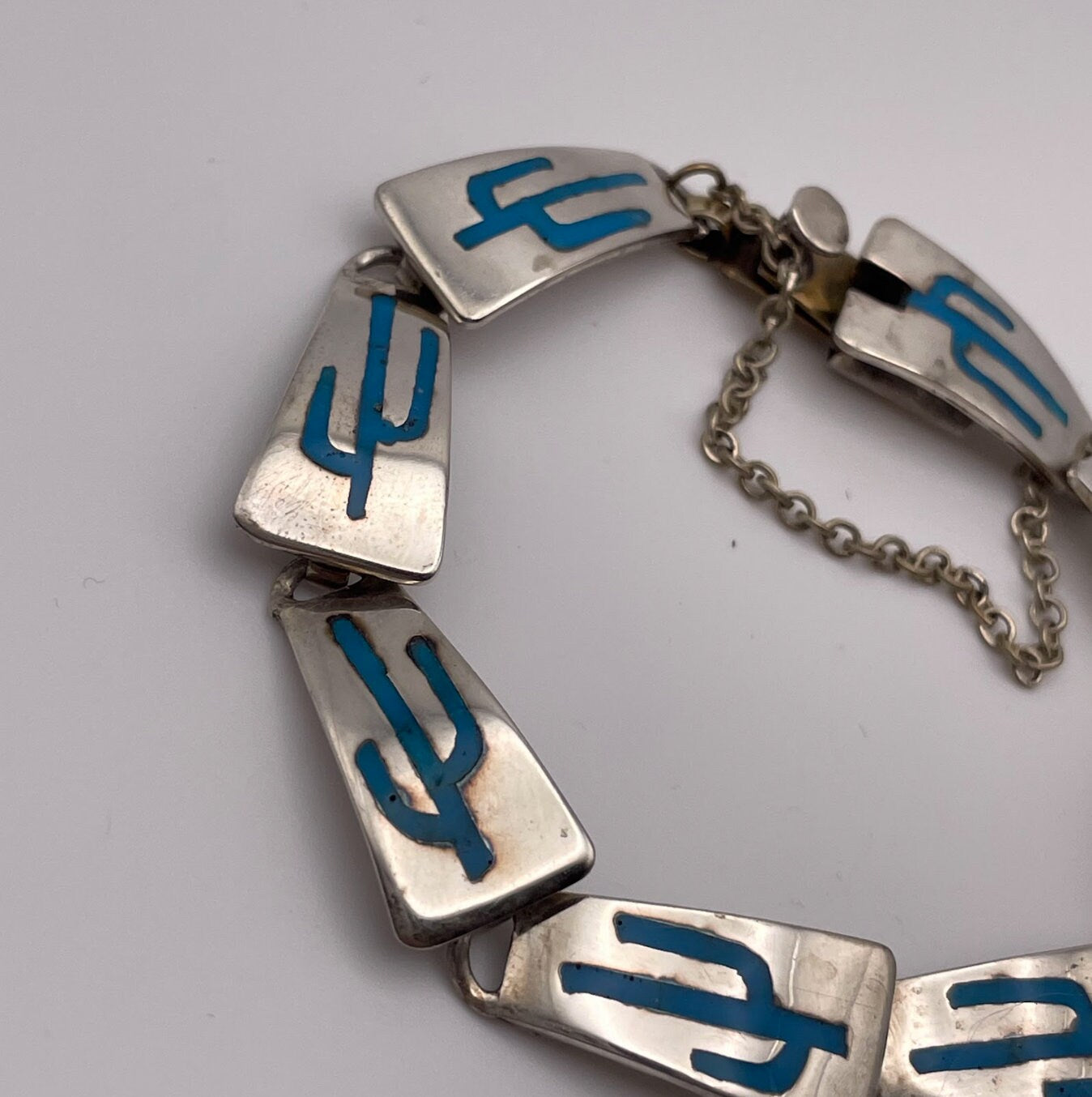 Vintage Mexican Inlaid Cactus Motif Turquoise and Sterling Silver Panel Bracelet