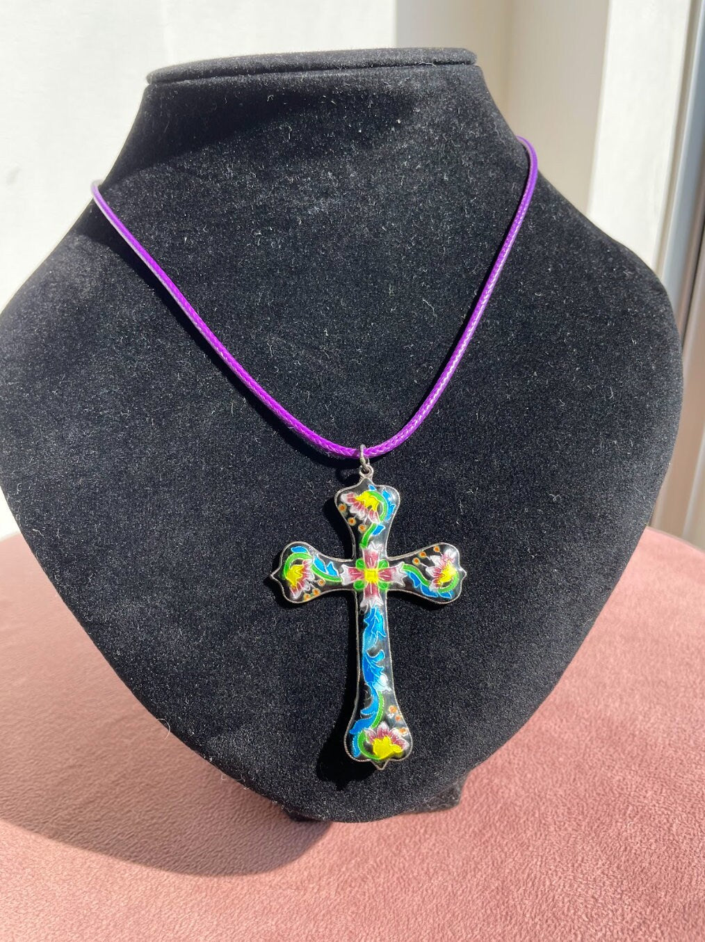 Beautiful Vintage Cloisonne Enamel and Sterling Cross Pendant
