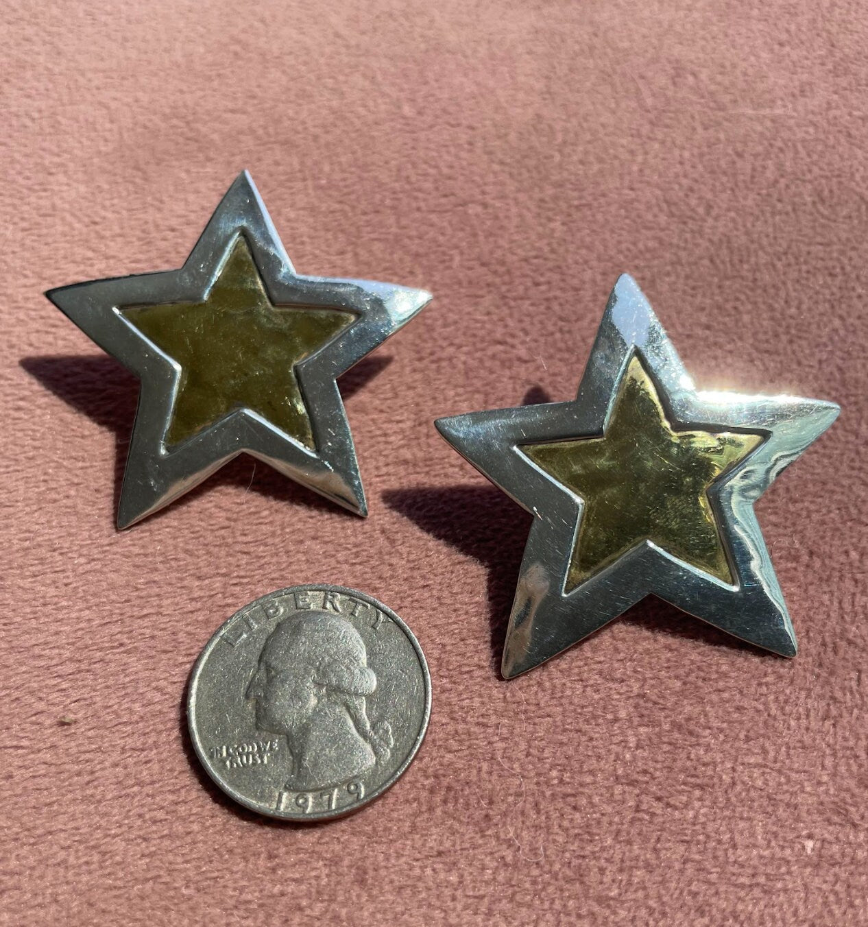 Big Beautiful Vintage Sterling and Brass Star Stud Earrings by Jeep Collins