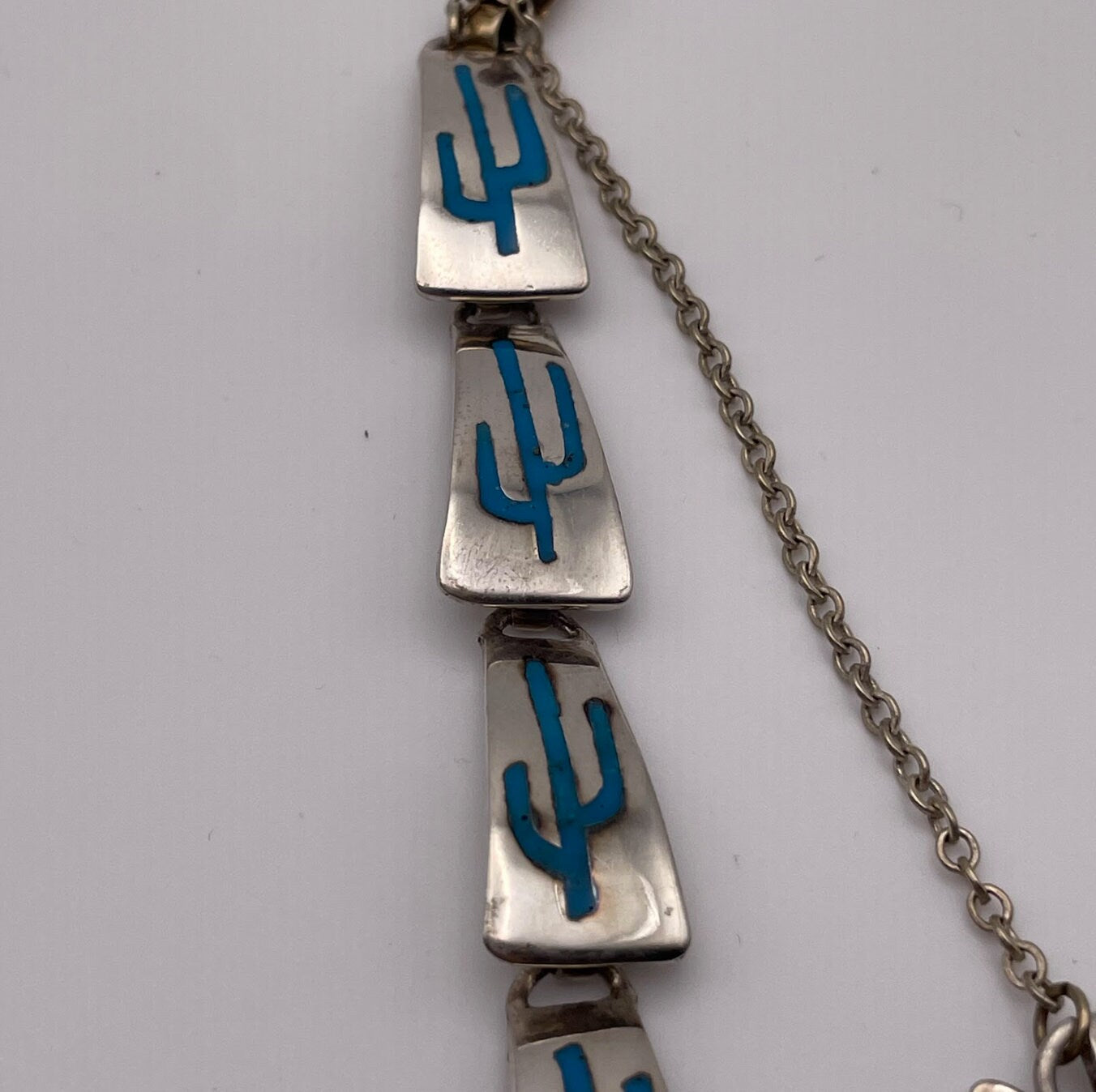 Vintage Mexican Inlaid Cactus Motif Turquoise and Sterling Silver Panel Bracelet