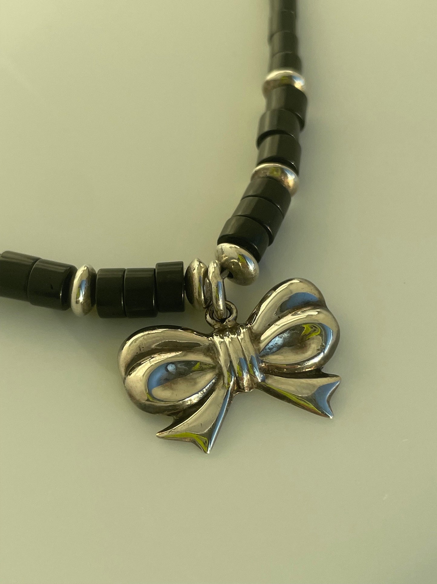 Vintage Bow and Beads Sterling Silver Necklace.