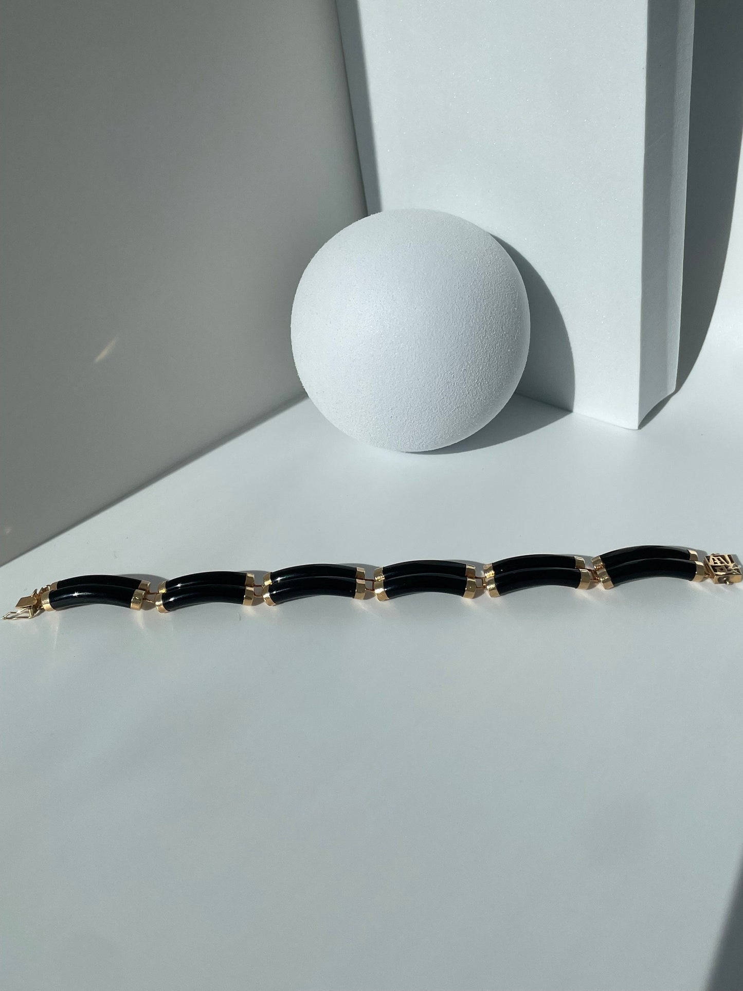 Estate Double Black Onyx and 14k Gold Fortune Bracelet