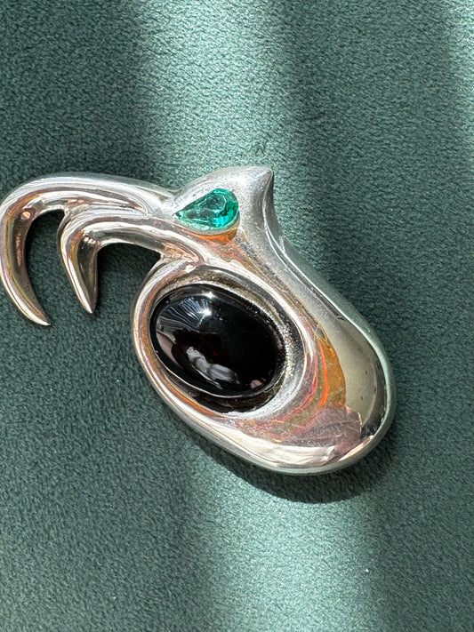 Vintage Sterling Silver Modernist Biomorphic Brooch Black Onyx and Teal Stone Mexico 1980s
