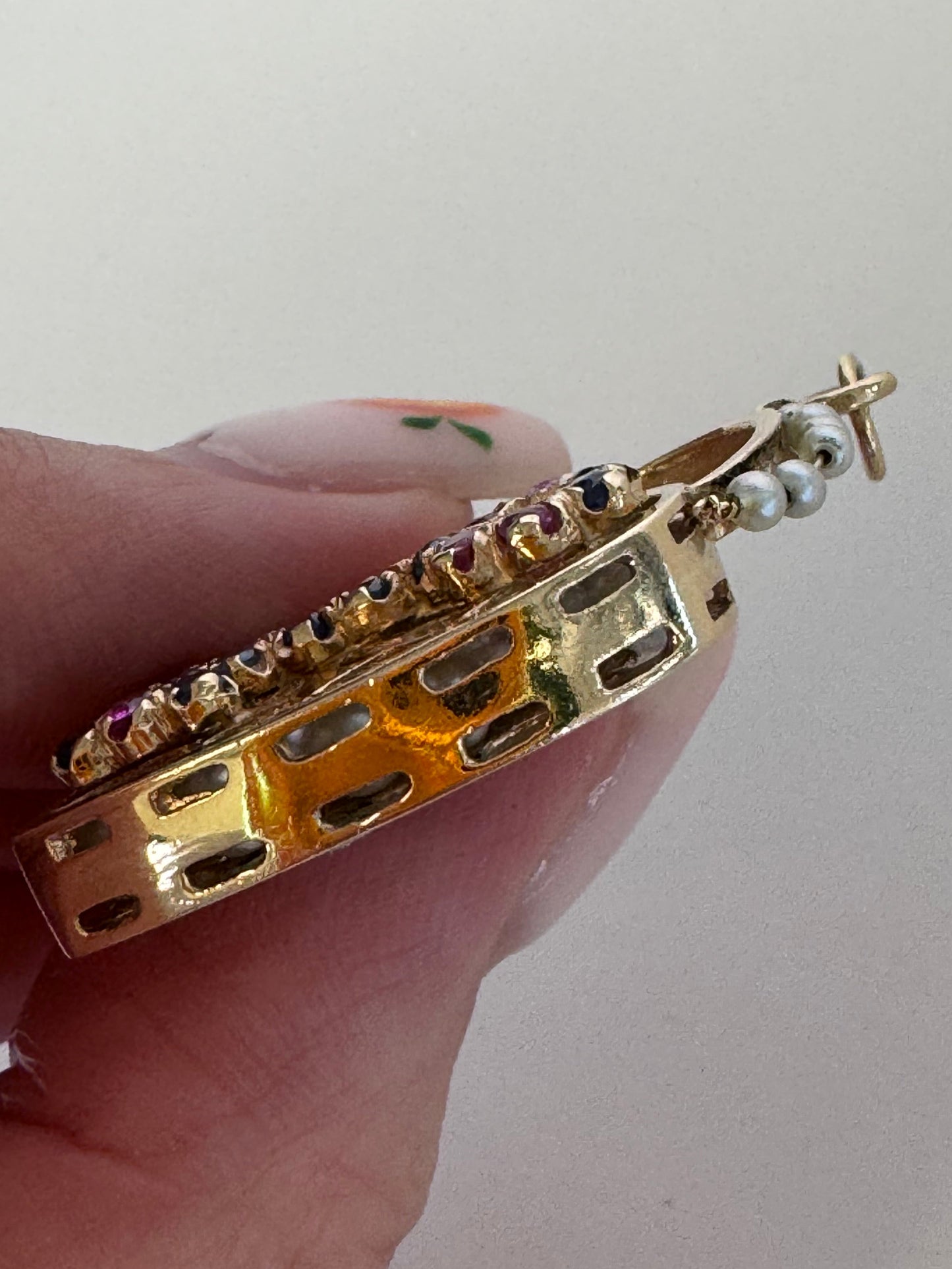 Mid century 14K gold key to my heart charm with rubies sapphires and rattling pearls inside heart lock, vintage charm bracelet piece