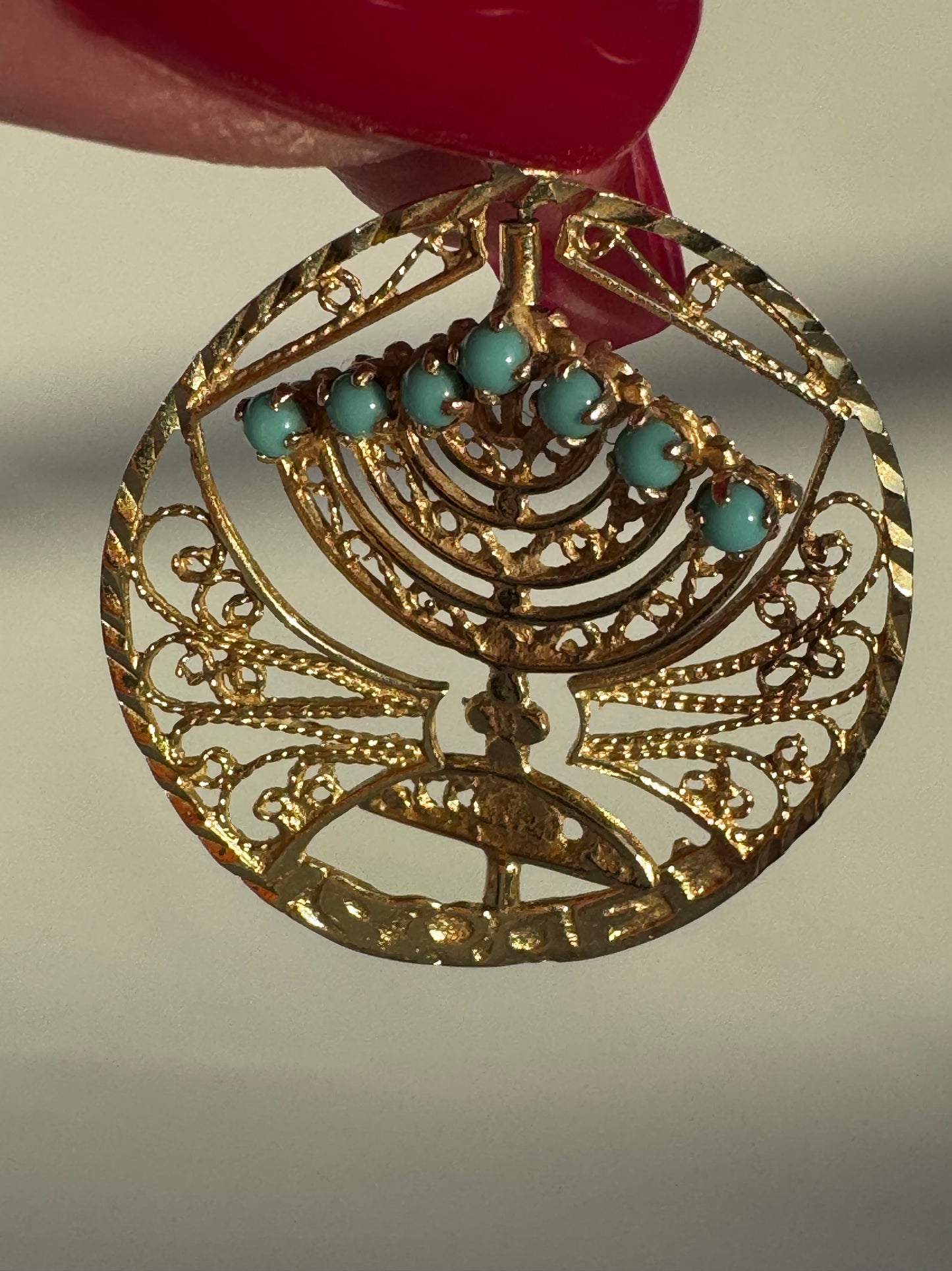 Vintage Spinning Menorah Pendant with Ruby and Turquoise Flames