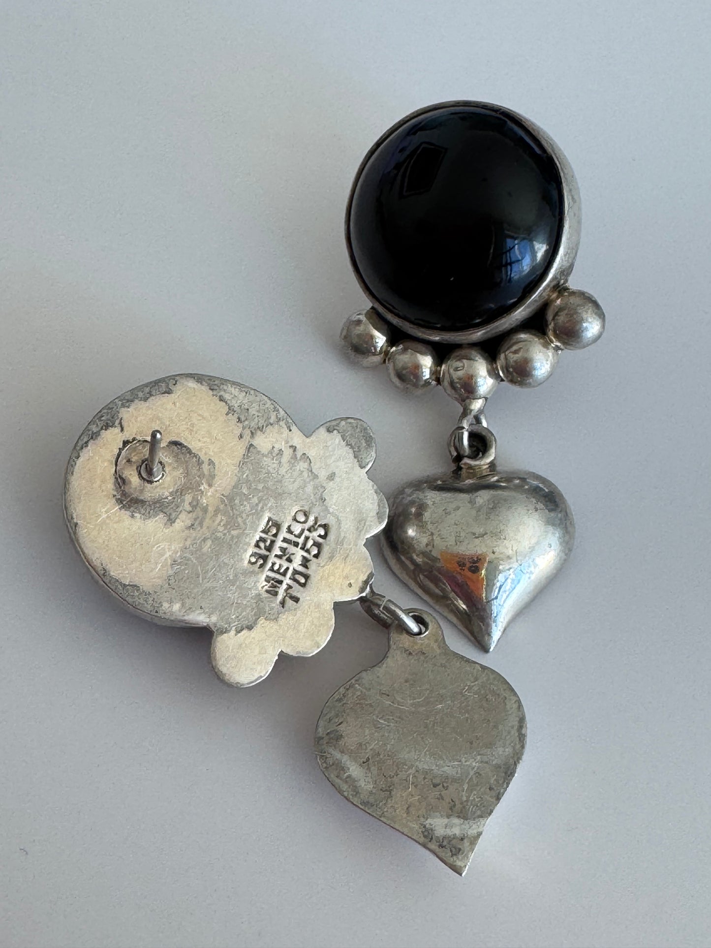 Estate Onyx Heart Drop Earrings Taxco Sterling Silver Signed TO-53