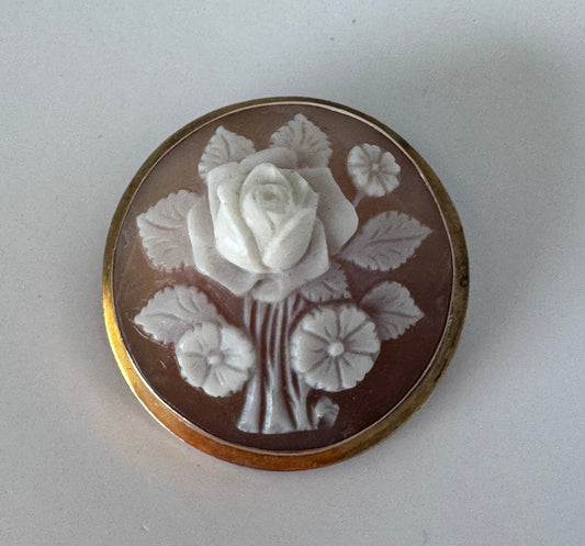 Antique 18K gold shell cameo convertible brooch pendant rose bouquet design carved shell translucent