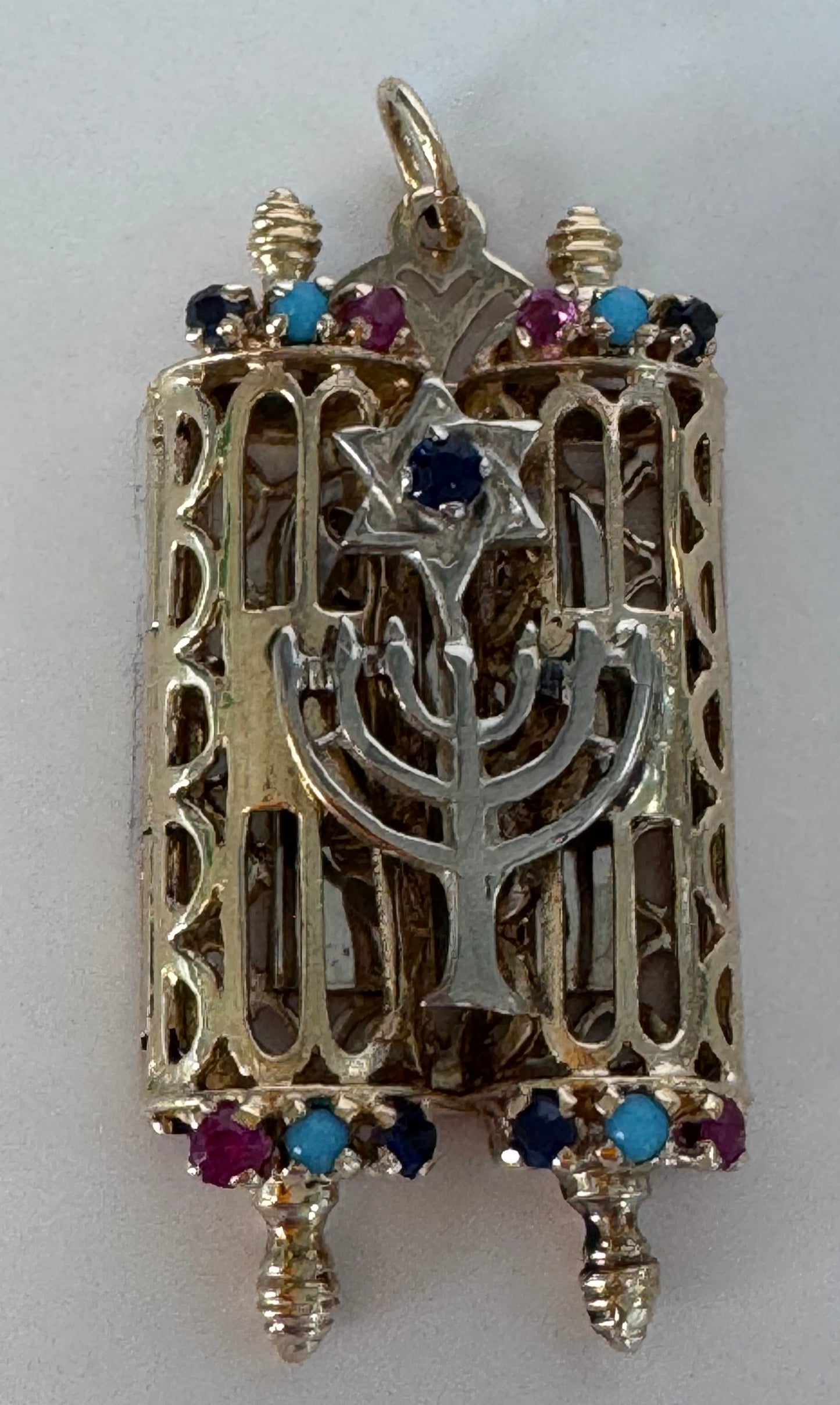 Magnificent 1950s Custom Torah Scroll Charm - 14k Two-Tone Gold with Gemstones