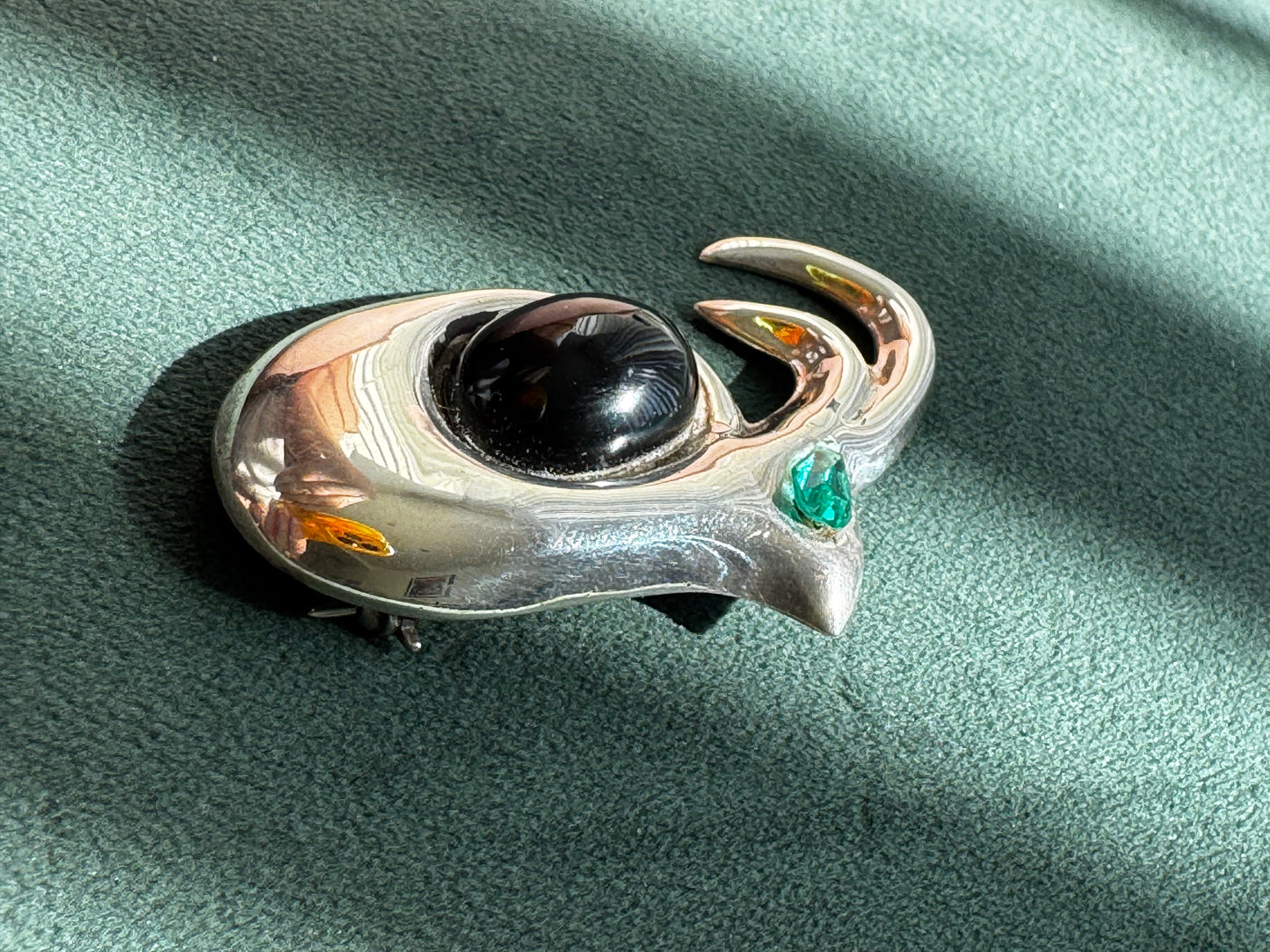Vintage Sterling Silver Modernist Biomorphic Brooch Black Onyx and Teal Stone Mexico 1980s