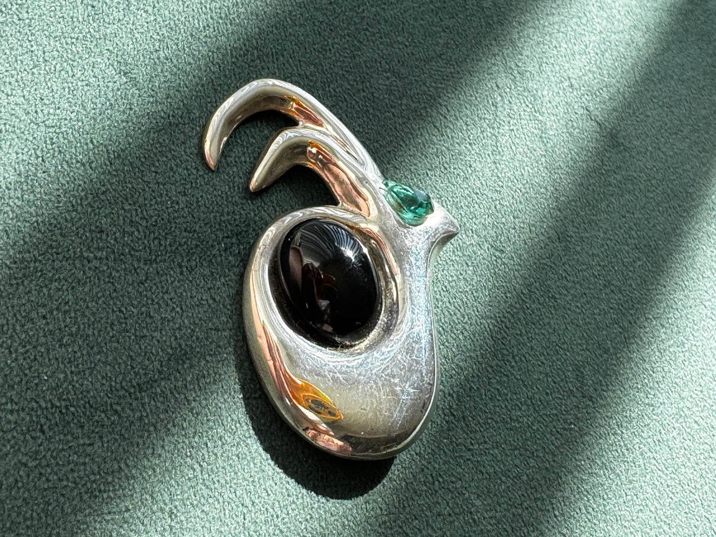 Vintage Sterling Silver Modernist Biomorphic Brooch Black Onyx and Teal Stone Mexico 1980s