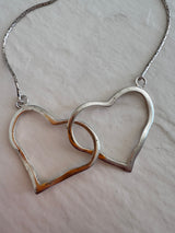 Estate Vintage 1990s Sterling Silver Interlocking Double Heart Necklace Romantic Love Jewelry