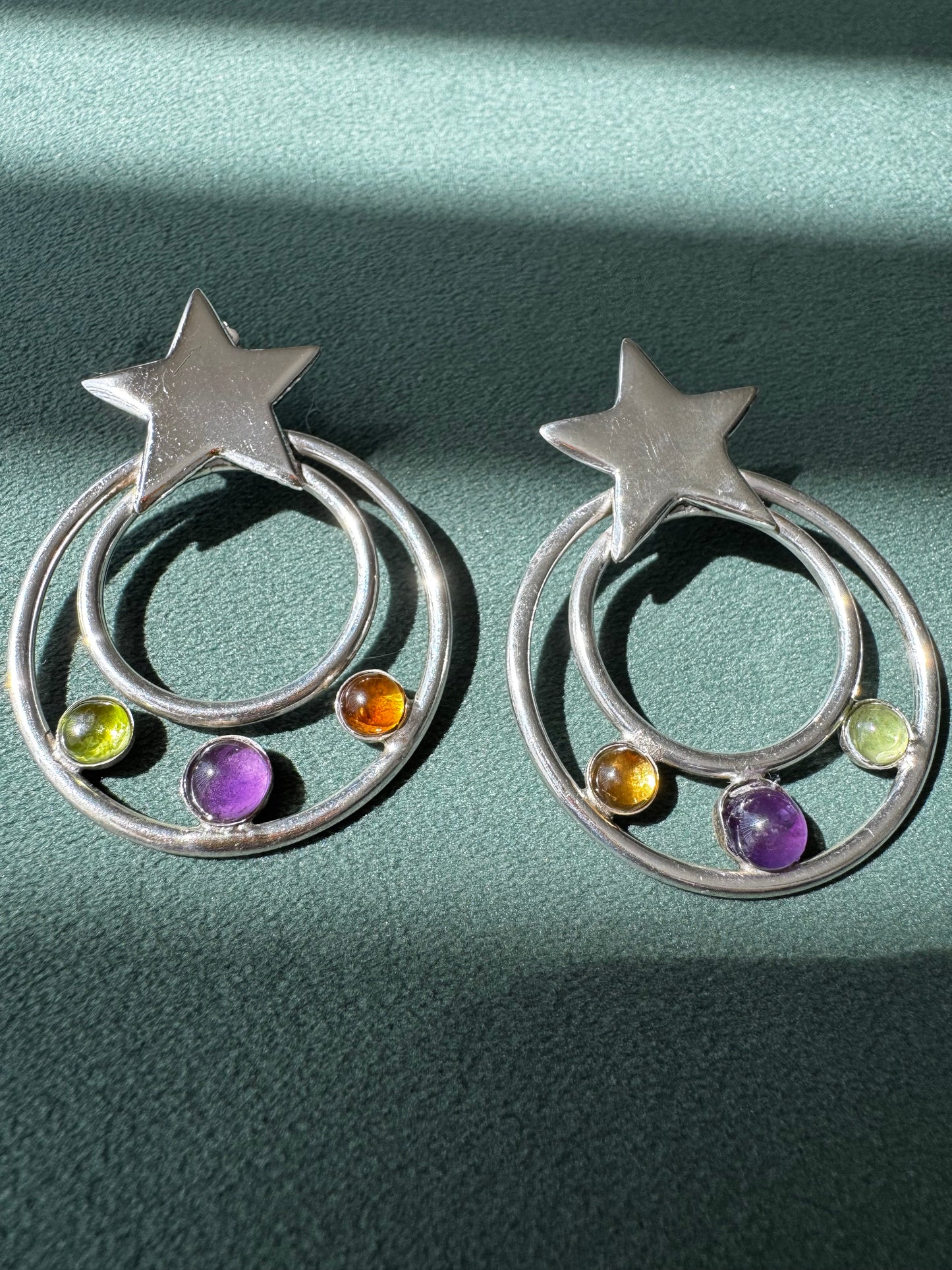 Sterling Silver Shooting Star Earrings Multi Gemstone Modernist 1990s Celestial Statement Dangles Y2K STYLE