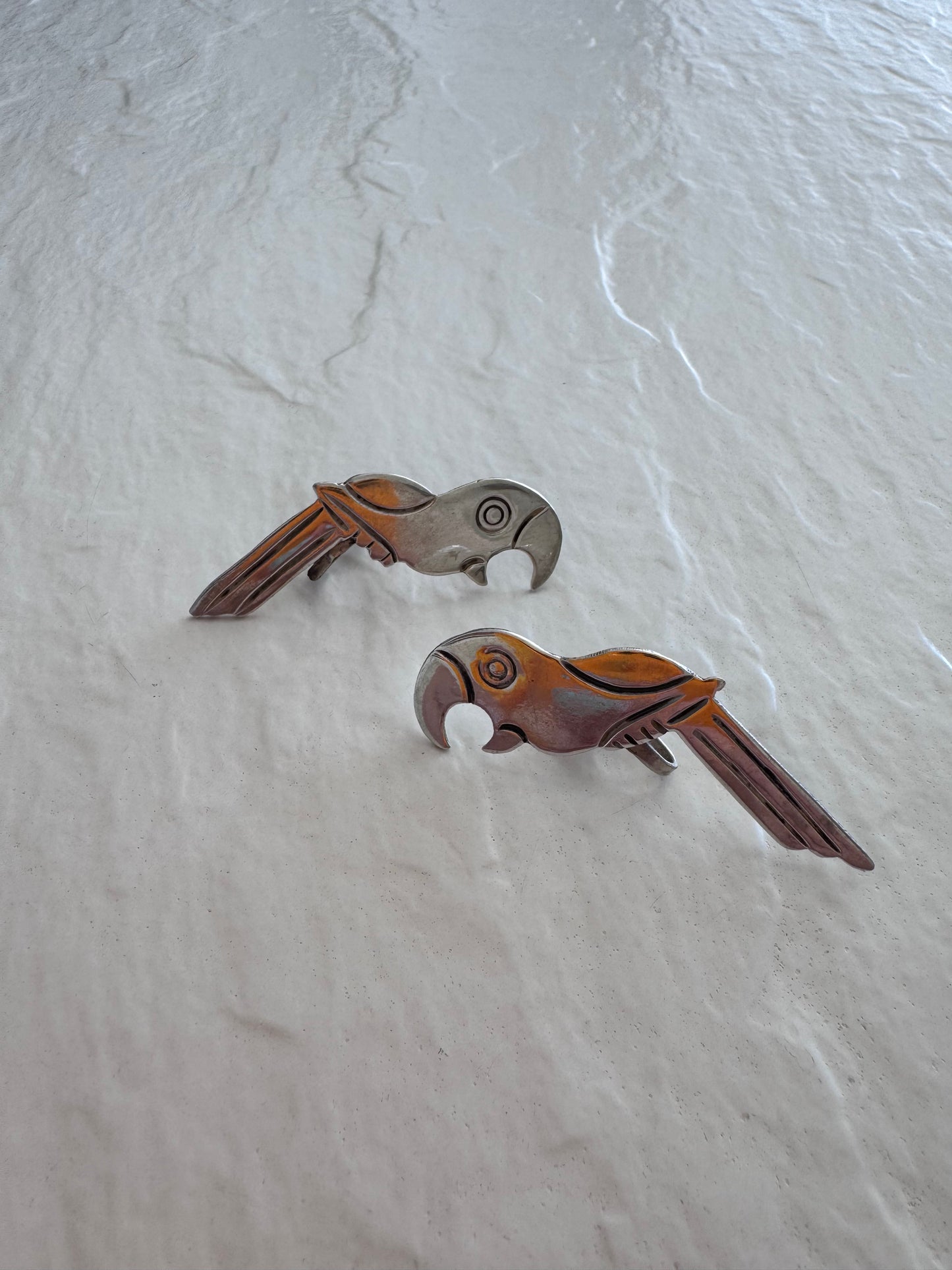 Estate Early Mexican Sterling Silver Parrot Screw Back Earrings