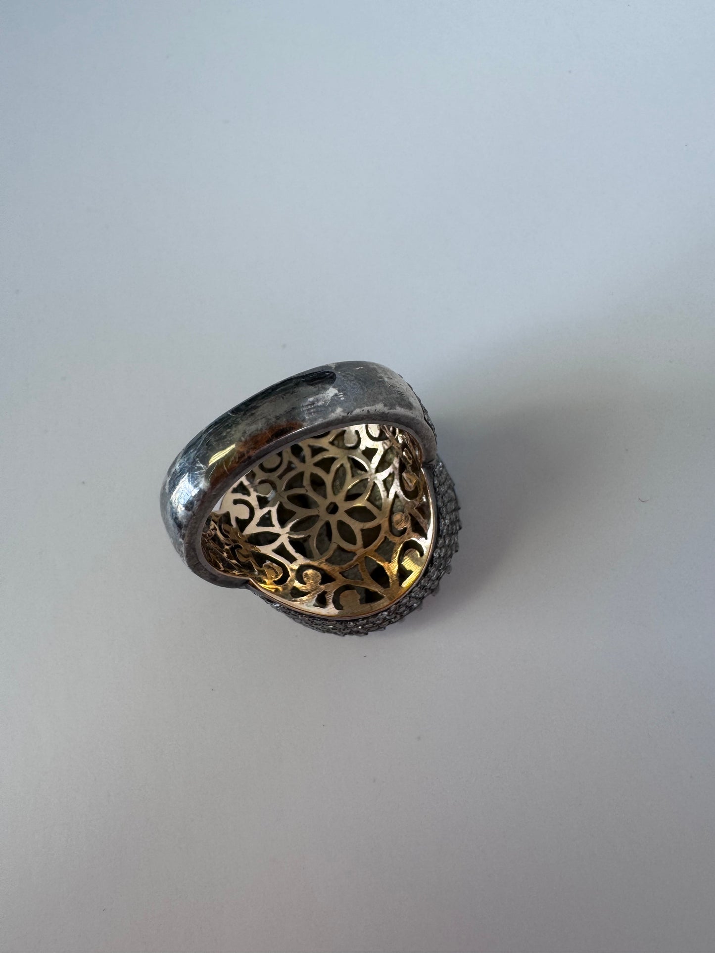 Estate sterling silver Polki rose cut diamond flower ring traditional Indian Mughal style uncut diamonds