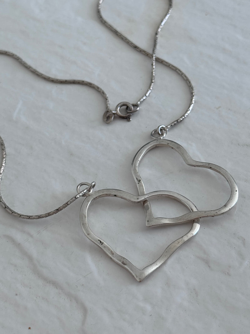 Estate Vintage 1990s Sterling Silver Interlocking Double Heart Necklace Romantic Love Jewelry