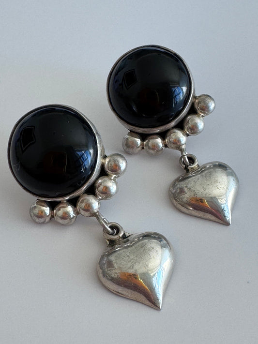 Estate Onyx Heart Drop Earrings Taxco Sterling Silver Signed TO-53