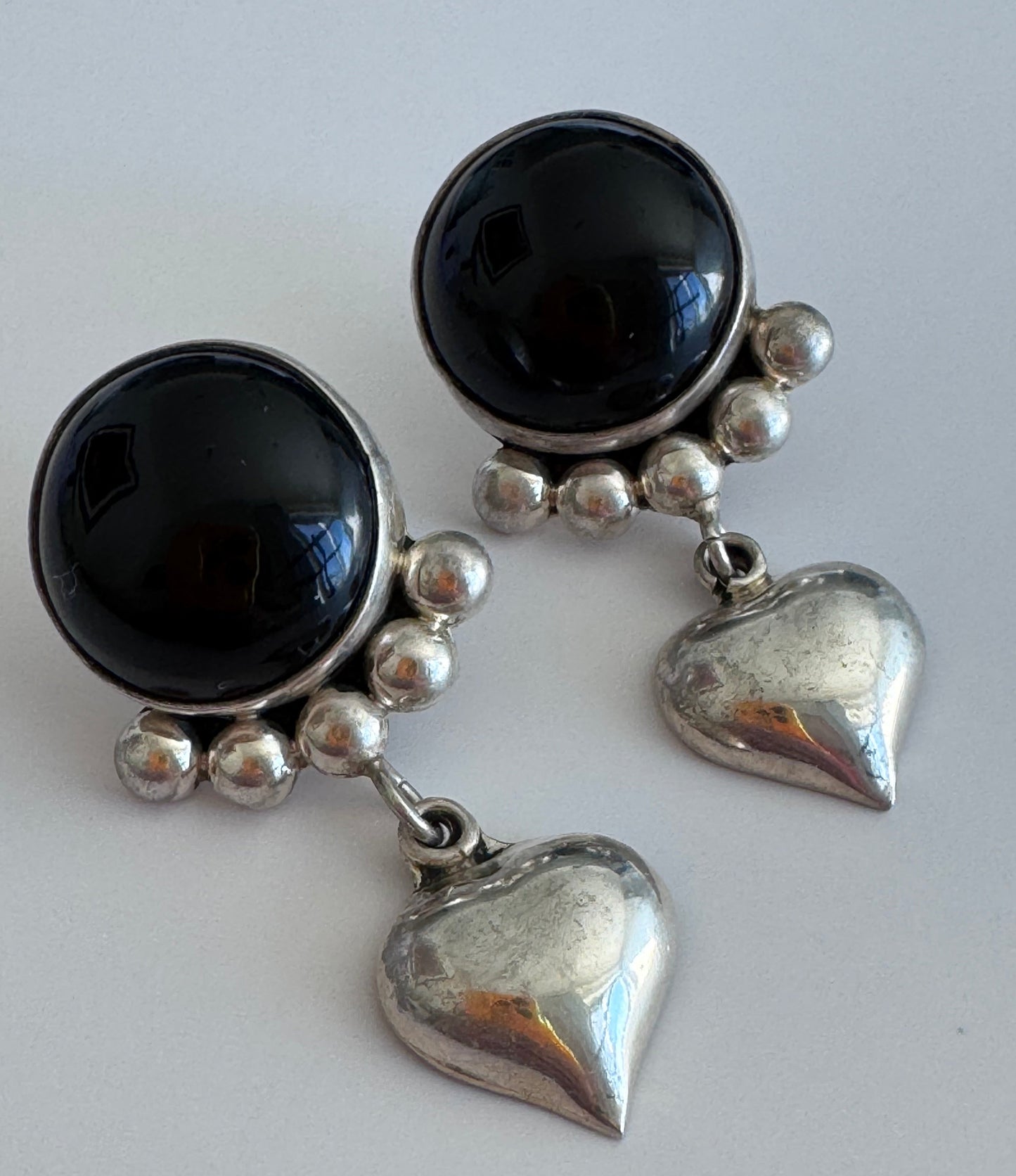 Estate Onyx Heart Drop Earrings Taxco Sterling Silver Signed TO-53