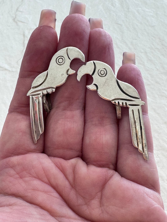 Estate Early Mexican Sterling Silver Parrot Screw Back Earrings