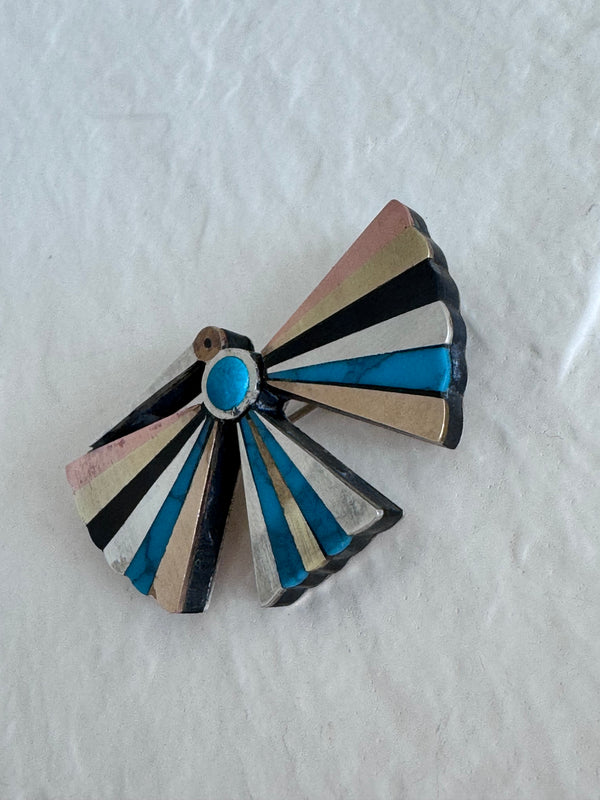 Vintage Estate Mexican Modernist Tono Piedra Negra Inlay Bird Brooch - Sterling Silver