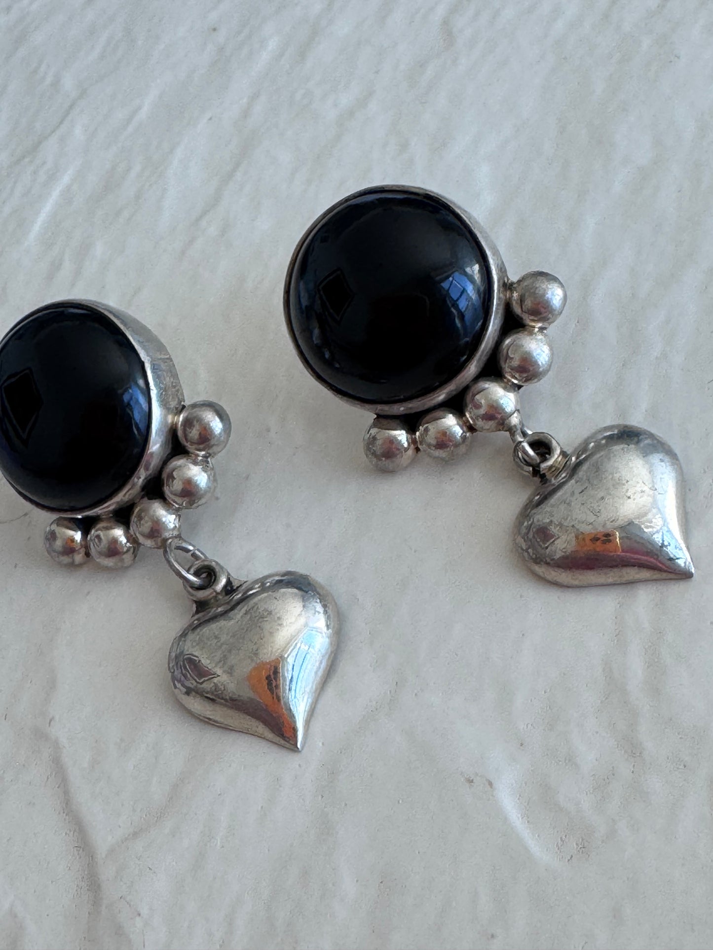 Estate Onyx Heart Drop Earrings Taxco Sterling Silver Signed TO-53