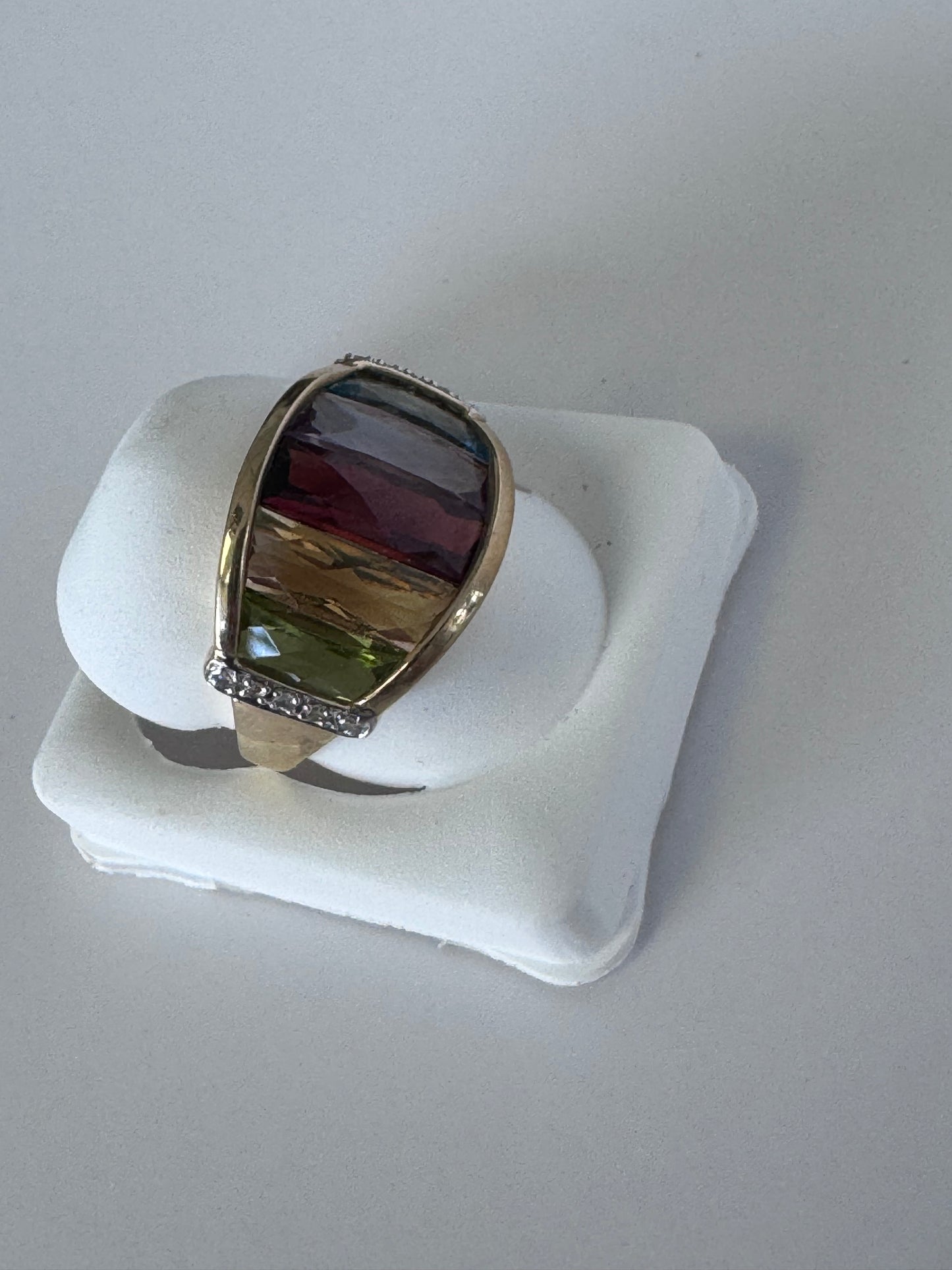 Estate 10K Gold Rainbow Multicolor Gemstone Shield Ring