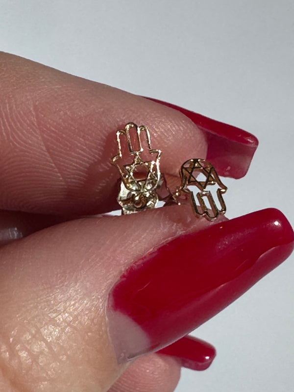 Teeny Tiny Hamsa with Sat of David Earrings in 14k