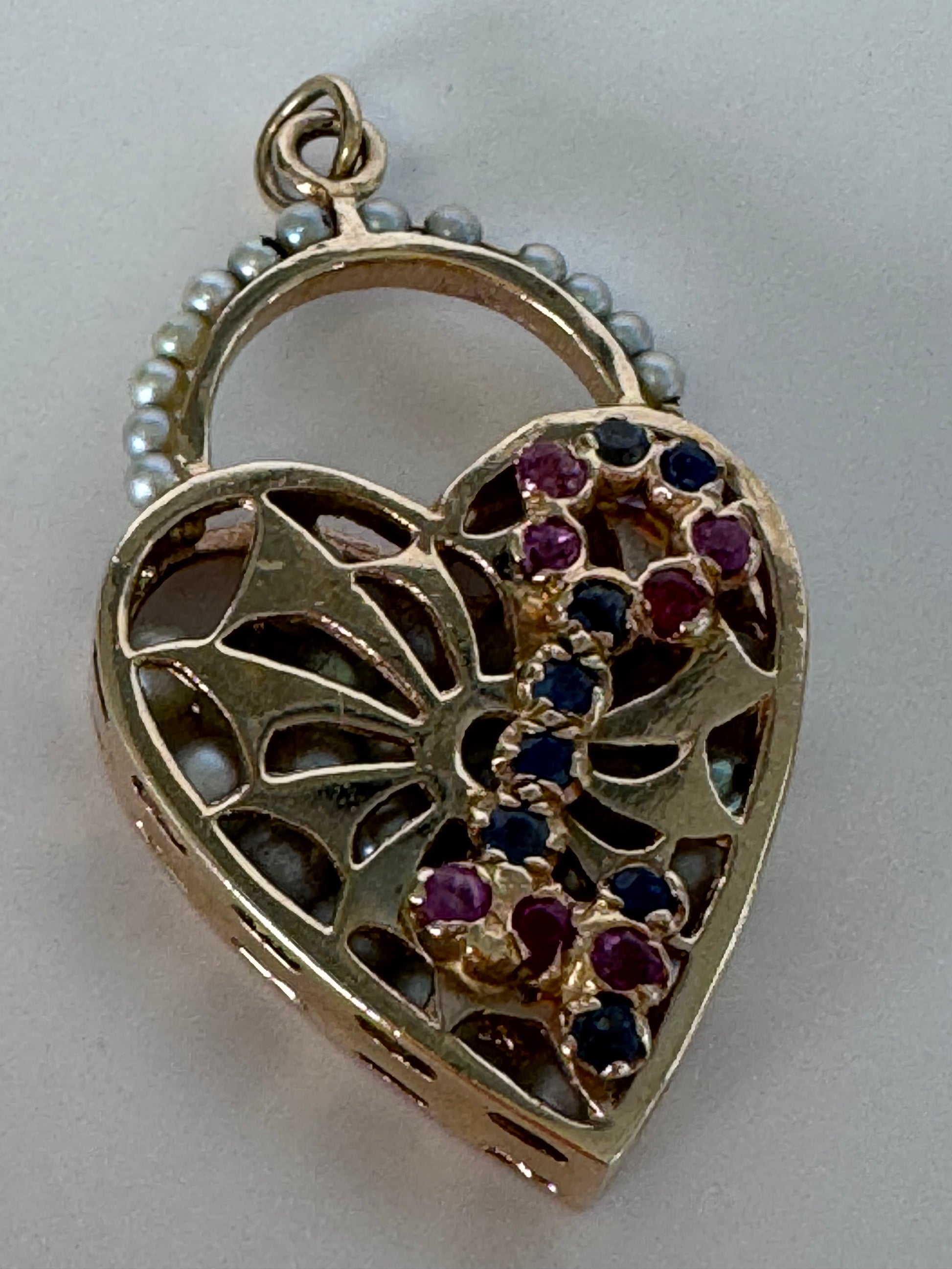 Mid century 14K gold key to my heart charm with rubies sapphires and rattling pearls inside heart lock, vintage charm bracelet piece