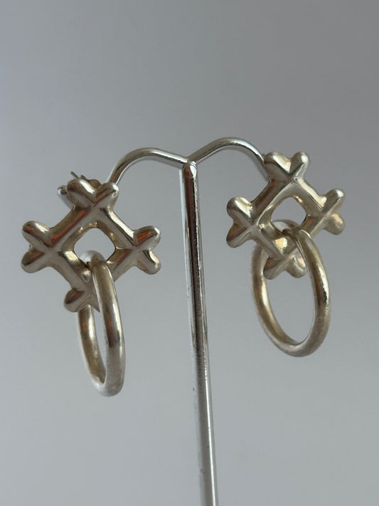 Estate Vintage 1980s Sterling Silver X's and O's Dangle Earrings Abstract Hugs Kisses Design