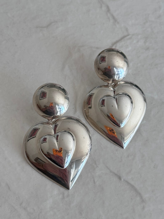 Vintage Mexican Sterling Silver Double Heart Drop Earrings Puffy with Mirror Finish