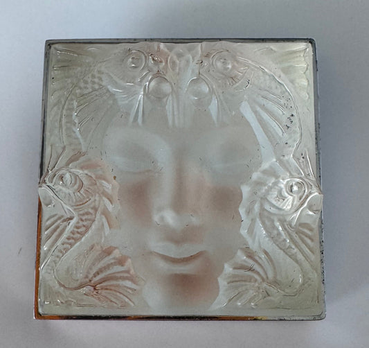 Vintage Lalique Masque de Femme crystal pendant with sterling silver backing, woman's face with aquatic headdress design