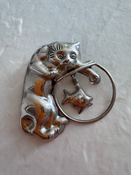 Estate Vintage Mexican Sterling Silver Cat with Fishbowl Brooch CII - Cat Ladies and Dads Rejoice!