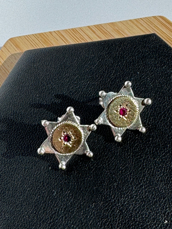 Victorian Sterling, Garnet, and 14k Yellow Gold Star Earrings