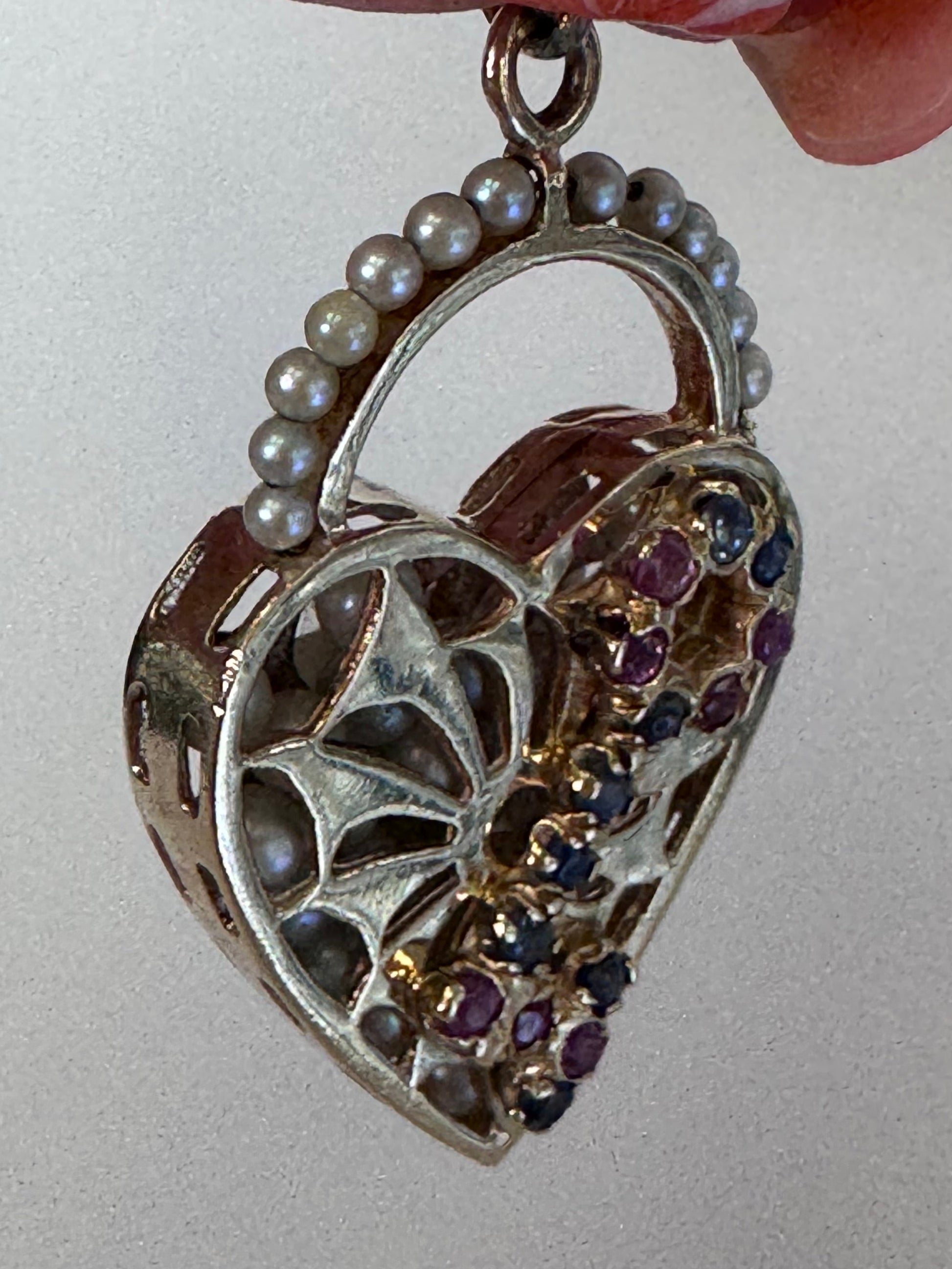 Mid century 14K gold key to my heart charm with rubies sapphires and rattling pearls inside heart lock, vintage charm bracelet piece
