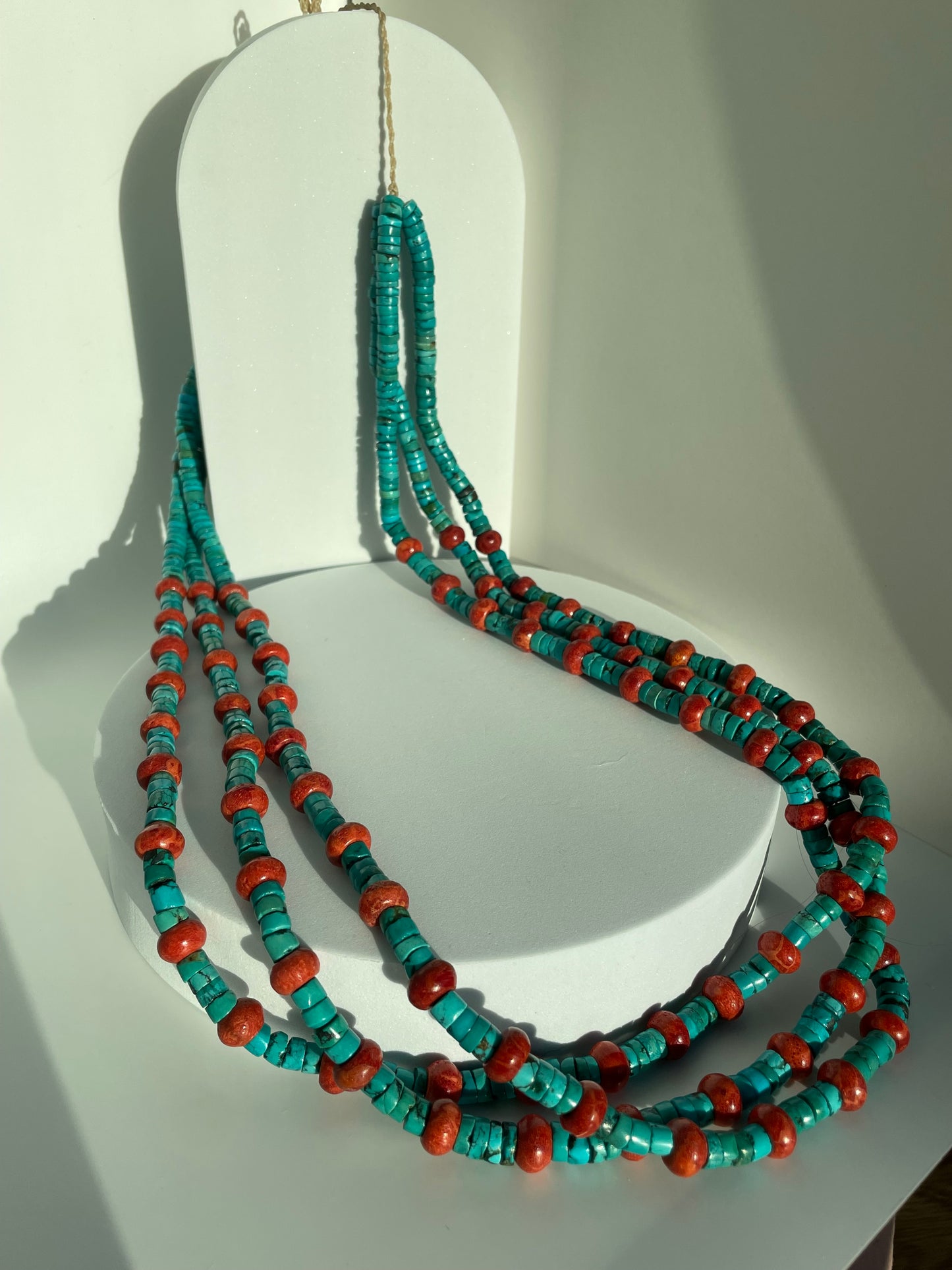 Vintage Authentic Turquoise and Coral Beaded Heshi Necklace Large and Long