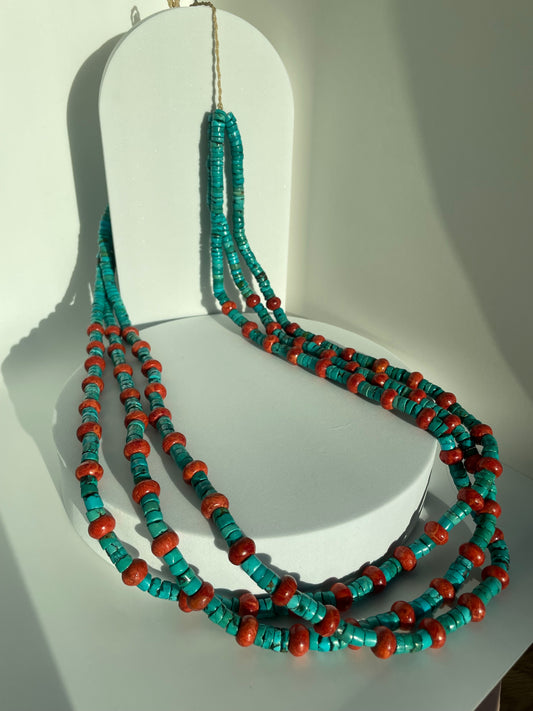 Vintage Authentic Turquoise and Coral Beaded Heshi Necklace Large and Long