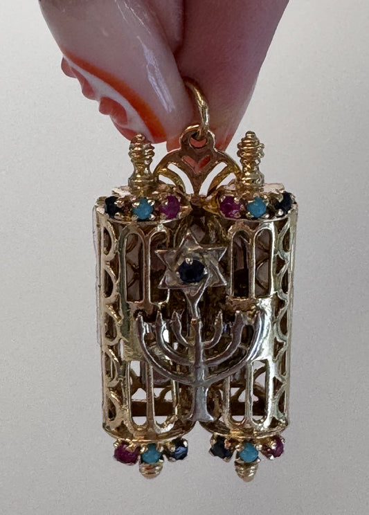 Magnificent 1950s Custom Torah Scroll Charm - 14k Two-Tone Gold with Gemstones