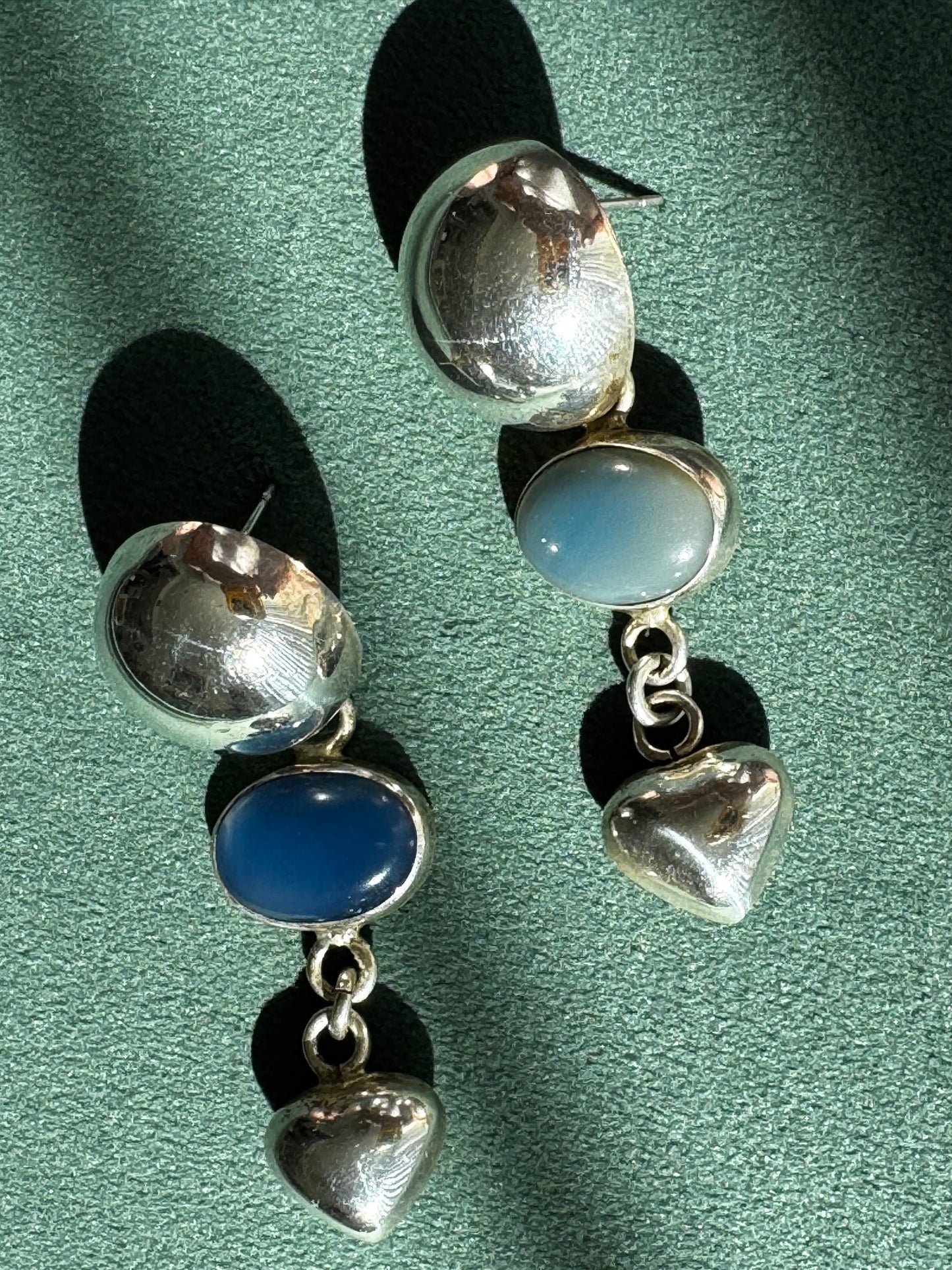 Vintage Taxco Mexico Sterling Silver Dome Chalcedony Heart Drop Earrings Y2K Romantic Three Element Dangle TM 925