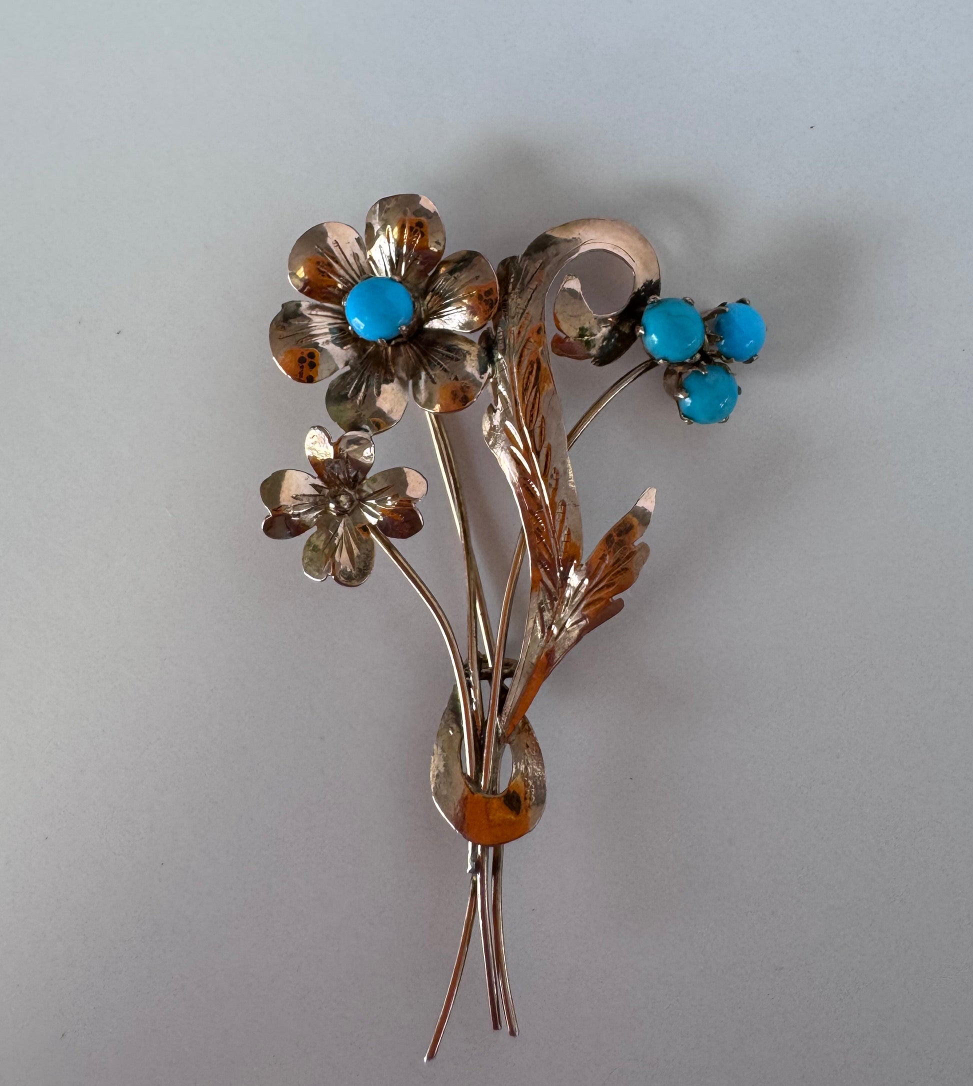 
1940s estate rose gold floral brooch with turquoise cabochons, vintage dimensional flower pin jewelry
