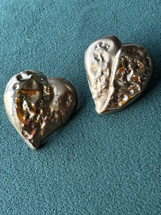 Vintage 14K Gold Heart Earrings - Repousse Puffy Heart Studs