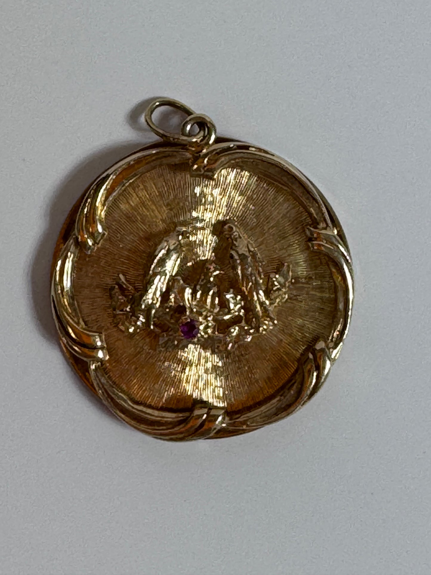 Heavy Mid Century 1950s Love Birds Medallion Pendant 14K Gold - Romantic Vintage Estate Jewelry Ruby Accent